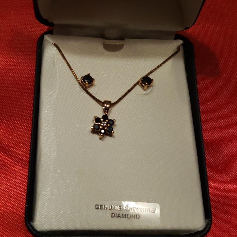 Genuine sapphire diamond necklace earring set